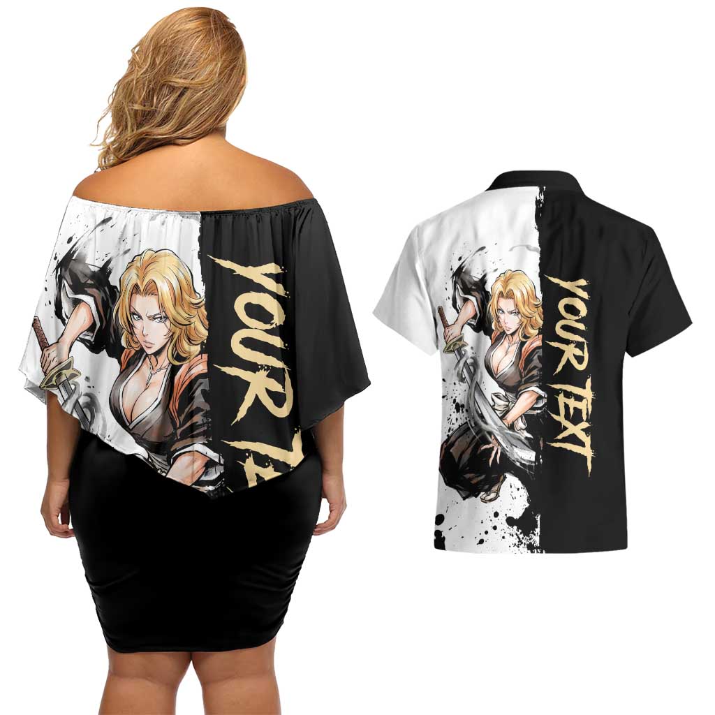 Personalized Rangiku Matsumoto Couples Matching Off Shoulder Short Dress and Hawaiian Shirt Ink Splash Anime Brush Style