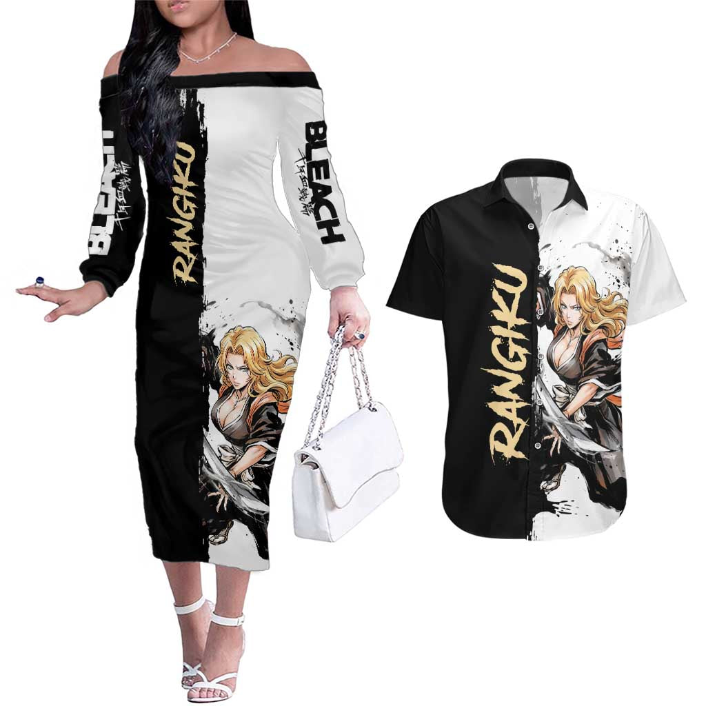 Personalized Rangiku Matsumoto Couples Matching Off The Shoulder Long Sleeve Dress and Hawaiian Shirt Ink Splash Anime Brush Style
