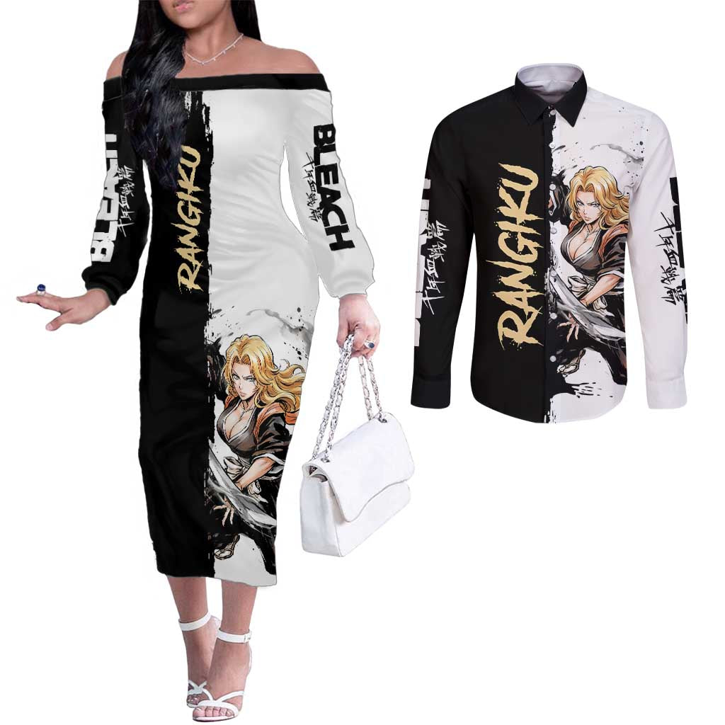 Personalized Rangiku Matsumoto Couples Matching Off The Shoulder Long Sleeve Dress and Long Sleeve Button Shirt Ink Splash Anime Brush Style