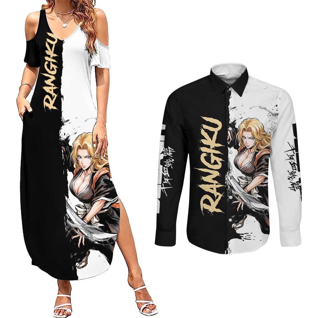 Personalized Rangiku Matsumoto Couples Matching Summer Maxi Dress and Long Sleeve Button Shirt Ink Splash Anime Brush Style