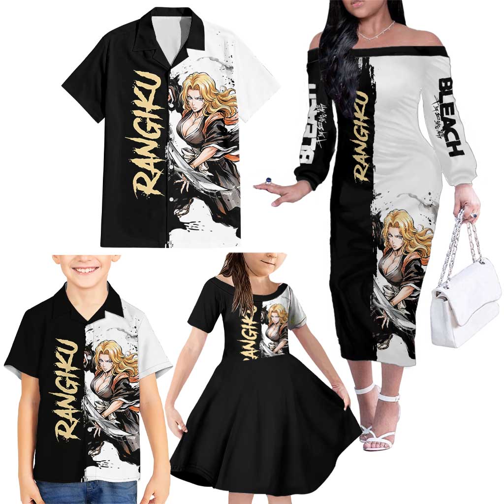 Personalized Rangiku Matsumoto Family Matching Off The Shoulder Long Sleeve Dress and Hawaiian Shirt Ink Splash Anime Brush Style