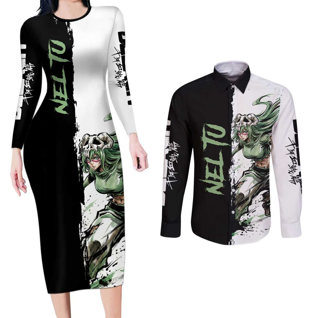 Personalized Nel Tu Couples Matching Long Sleeve Bodycon Dress and Long Sleeve Button Shirt Ink Splash Anime Brush Style