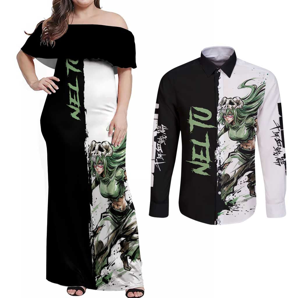 Personalized Nel Tu Couples Matching Off Shoulder Maxi Dress and Long Sleeve Button Shirt Ink Splash Anime Brush Style