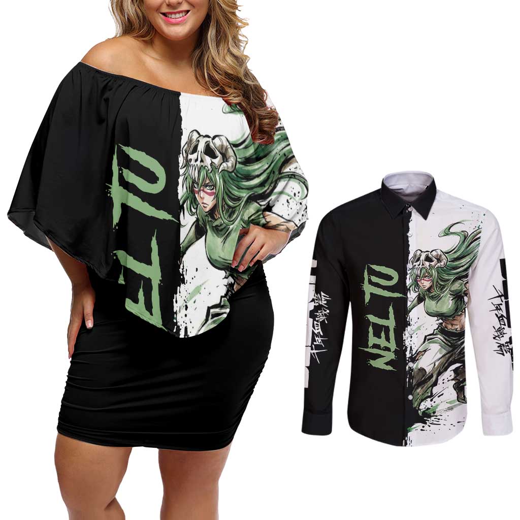 Personalized Nel Tu Couples Matching Off Shoulder Short Dress and Long Sleeve Button Shirt Ink Splash Anime Brush Style