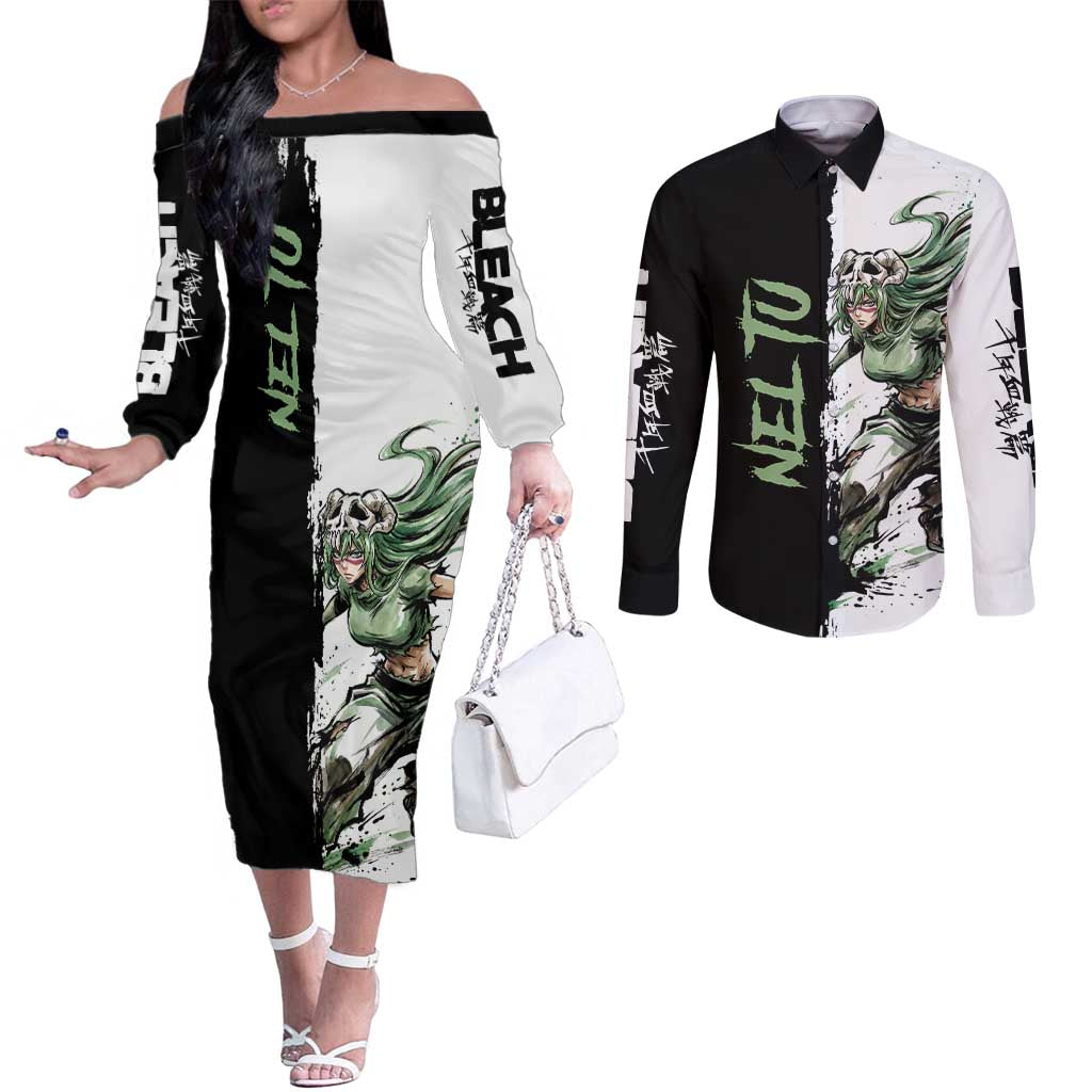 Personalized Nel Tu Couples Matching Off The Shoulder Long Sleeve Dress and Long Sleeve Button Shirt Ink Splash Anime Brush Style