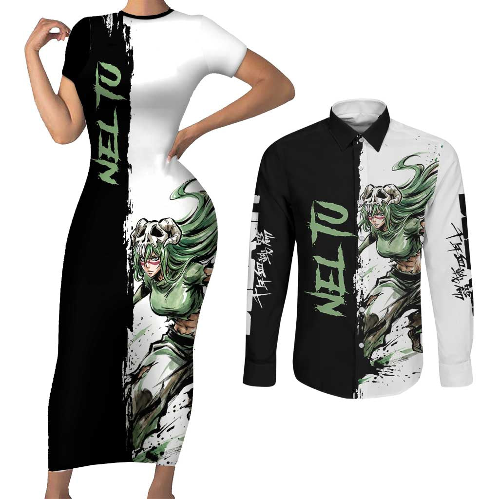 Personalized Nel Tu Couples Matching Short Sleeve Bodycon Dress and Long Sleeve Button Shirt Ink Splash Anime Brush Style