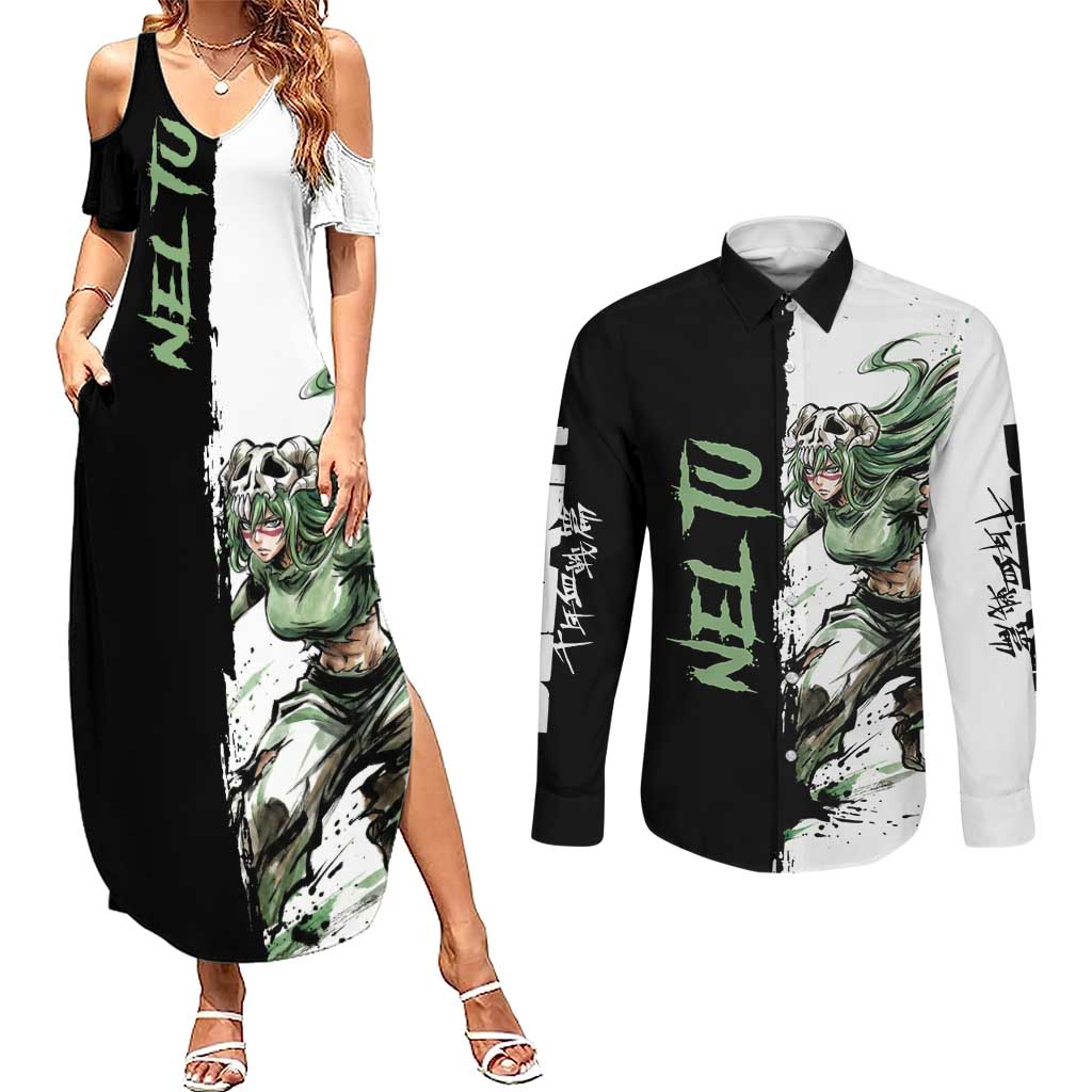 Personalized Nel Tu Couples Matching Summer Maxi Dress and Long Sleeve Button Shirt Ink Splash Anime Brush Style