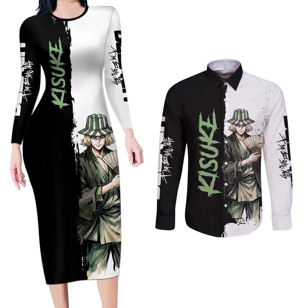 Personalized Kisuke Urahara Couples Matching Long Sleeve Bodycon Dress and Long Sleeve Button Shirt Ink Splash Anime Brush Style
