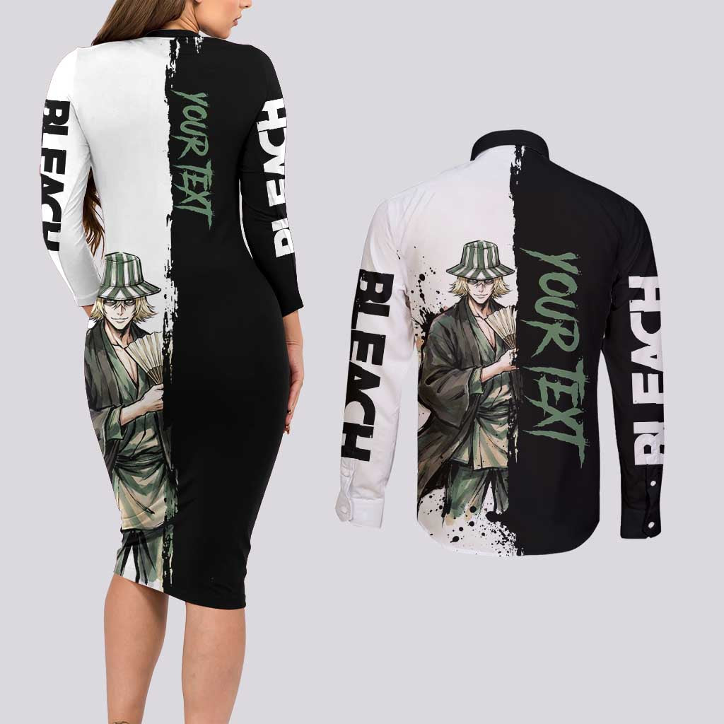 Personalized Kisuke Urahara Couples Matching Long Sleeve Bodycon Dress and Long Sleeve Button Shirt Ink Splash Anime Brush Style