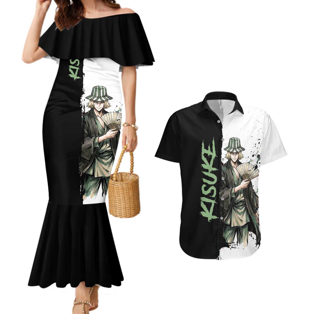 Personalized Kisuke Urahara Couples Matching Mermaid Dress and Hawaiian Shirt Ink Splash Anime Brush Style