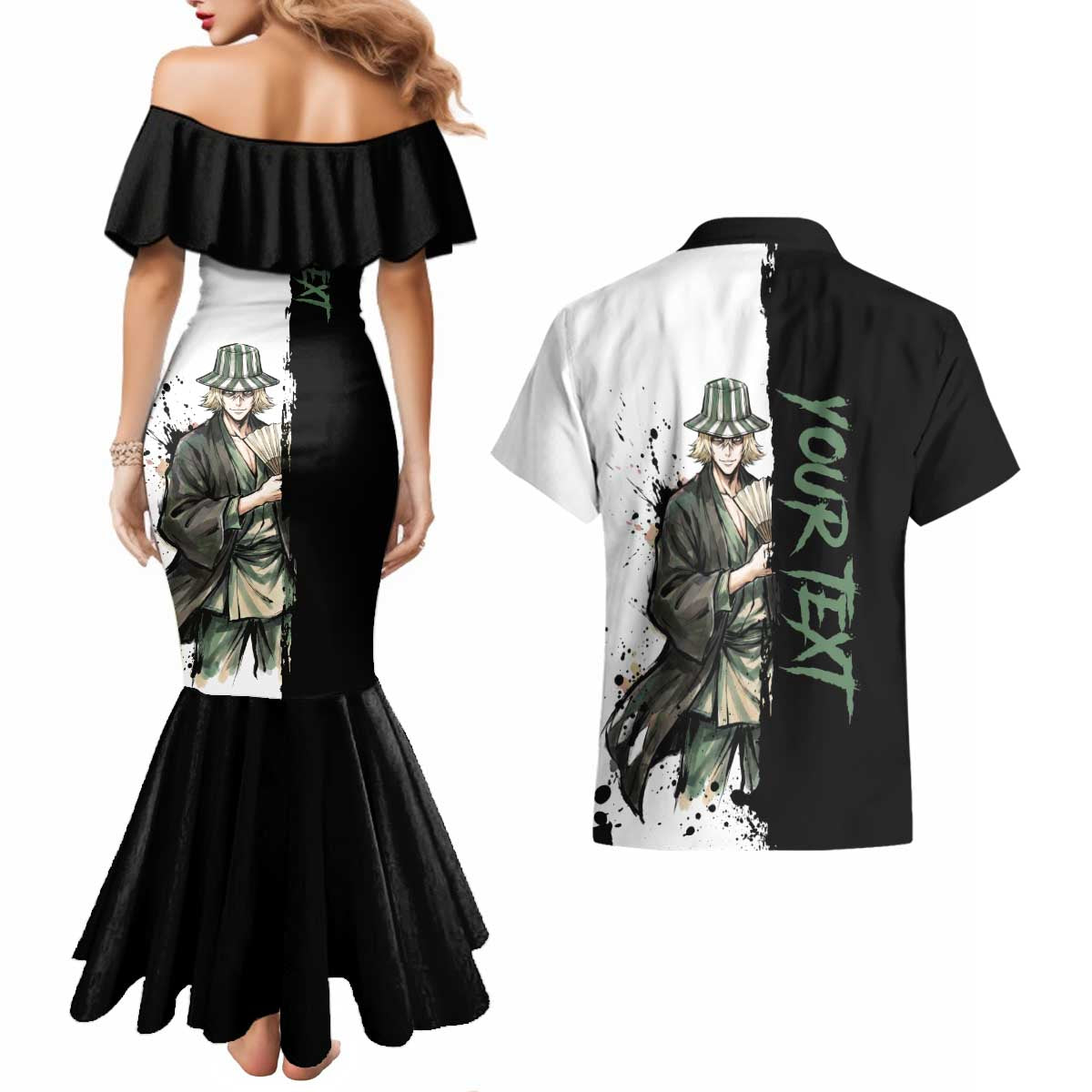 Personalized Kisuke Urahara Couples Matching Mermaid Dress and Hawaiian Shirt Ink Splash Anime Brush Style