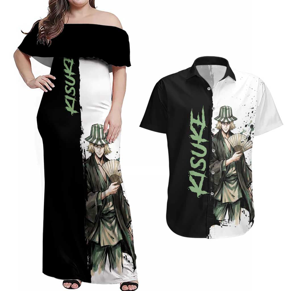 Personalized Kisuke Urahara Couples Matching Off Shoulder Maxi Dress and Hawaiian Shirt Ink Splash Anime Brush Style