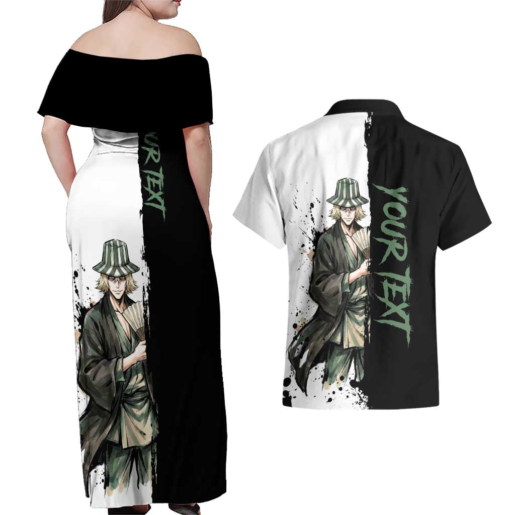 Personalized Kisuke Urahara Couples Matching Off Shoulder Maxi Dress and Hawaiian Shirt Ink Splash Anime Brush Style