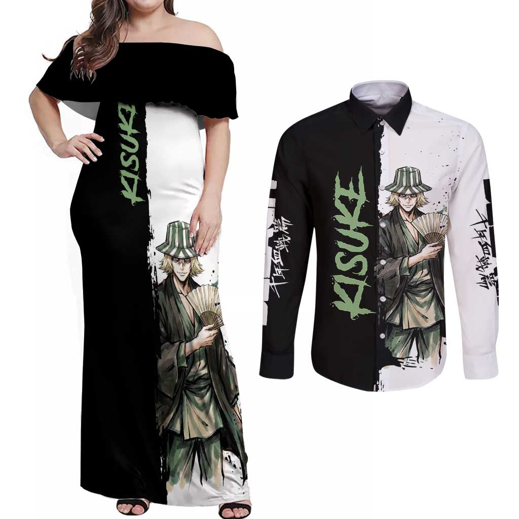 Personalized Kisuke Urahara Couples Matching Off Shoulder Maxi Dress and Long Sleeve Button Shirt Ink Splash Anime Brush Style