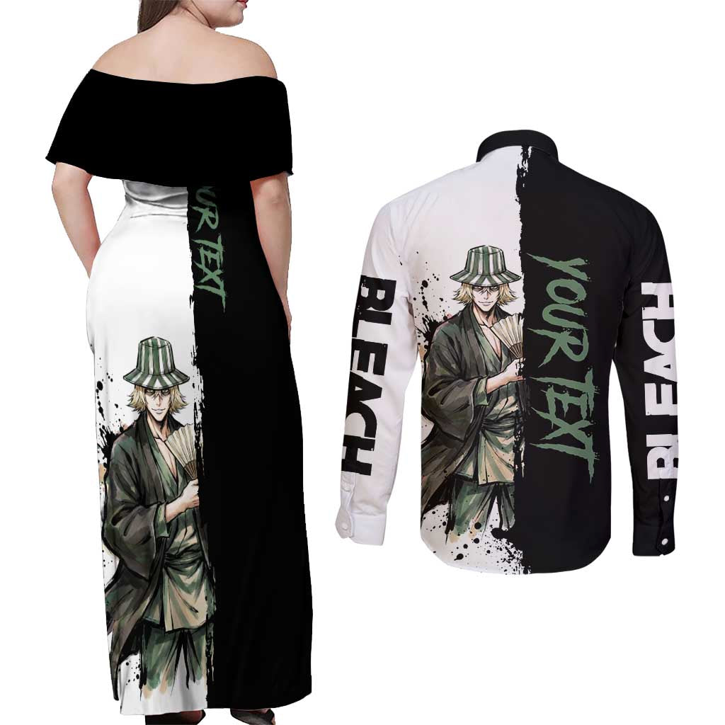 Personalized Kisuke Urahara Couples Matching Off Shoulder Maxi Dress and Long Sleeve Button Shirt Ink Splash Anime Brush Style