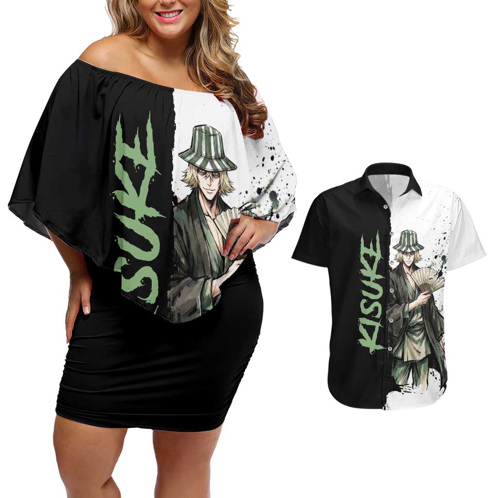 Personalized Kisuke Urahara Couples Matching Off Shoulder Short Dress and Hawaiian Shirt Ink Splash Anime Brush Style