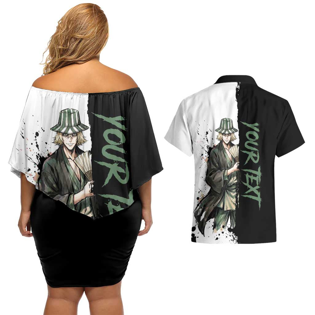 Personalized Kisuke Urahara Couples Matching Off Shoulder Short Dress and Hawaiian Shirt Ink Splash Anime Brush Style