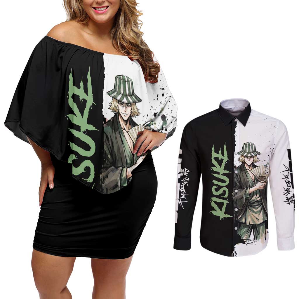 Personalized Kisuke Urahara Couples Matching Off Shoulder Short Dress and Long Sleeve Button Shirt Ink Splash Anime Brush Style