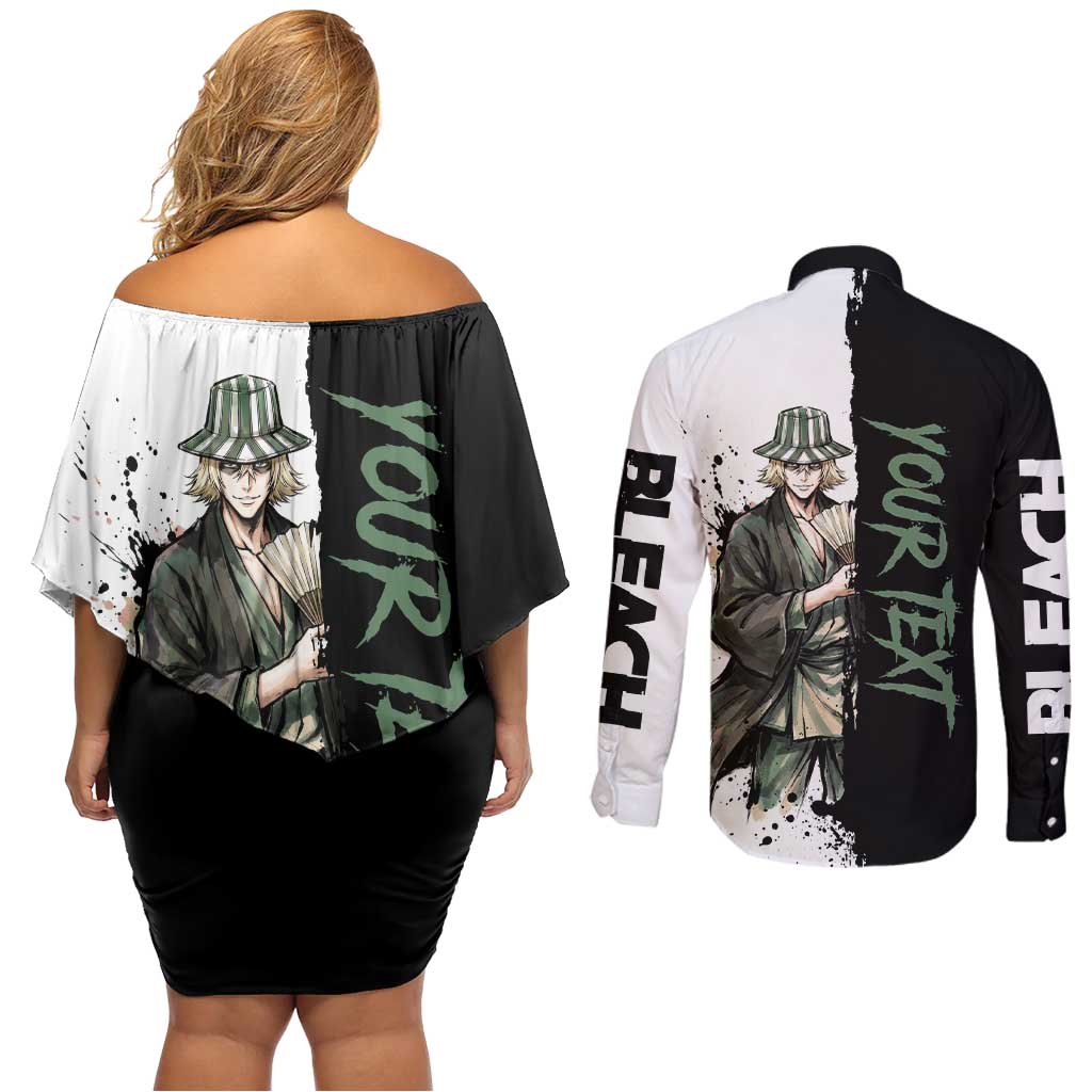 Personalized Kisuke Urahara Couples Matching Off Shoulder Short Dress and Long Sleeve Button Shirt Ink Splash Anime Brush Style