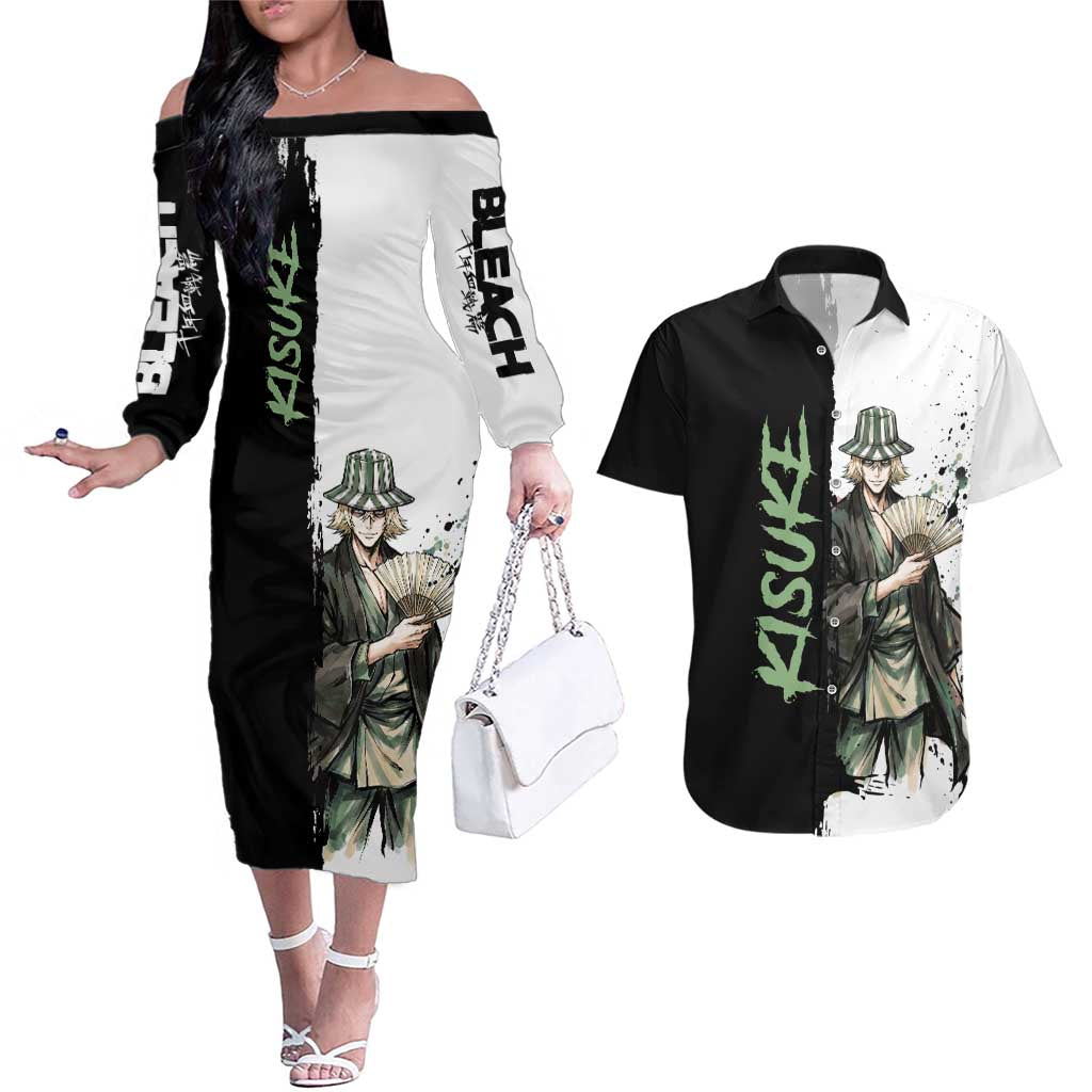 Personalized Kisuke Urahara Couples Matching Off The Shoulder Long Sleeve Dress and Hawaiian Shirt Ink Splash Anime Brush Style