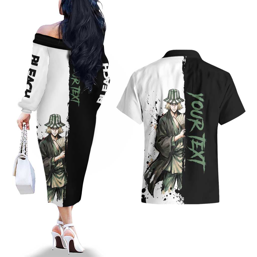 Personalized Kisuke Urahara Couples Matching Off The Shoulder Long Sleeve Dress and Hawaiian Shirt Ink Splash Anime Brush Style