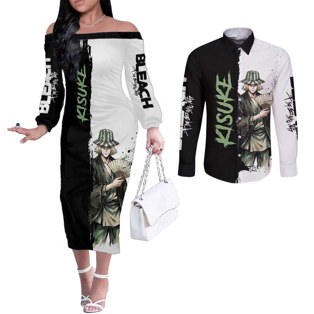 Personalized Kisuke Urahara Couples Matching Off The Shoulder Long Sleeve Dress and Long Sleeve Button Shirt Ink Splash Anime Brush Style