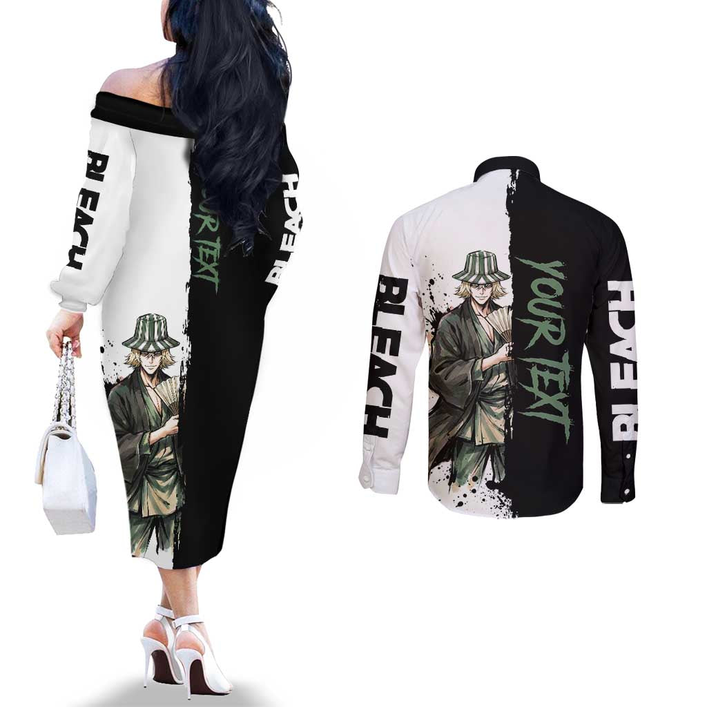 Personalized Kisuke Urahara Couples Matching Off The Shoulder Long Sleeve Dress and Long Sleeve Button Shirt Ink Splash Anime Brush Style