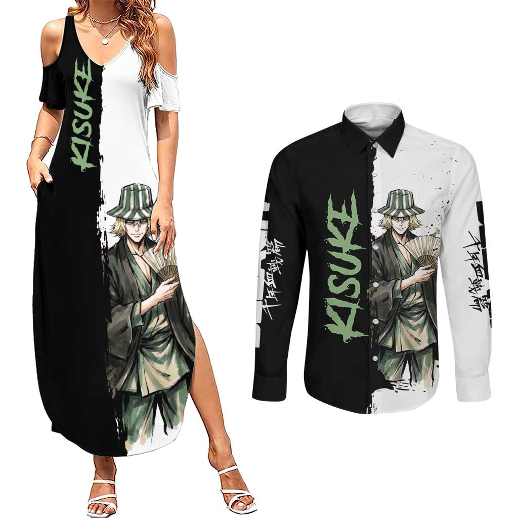 Personalized Kisuke Urahara Couples Matching Summer Maxi Dress and Long Sleeve Button Shirt Ink Splash Anime Brush Style