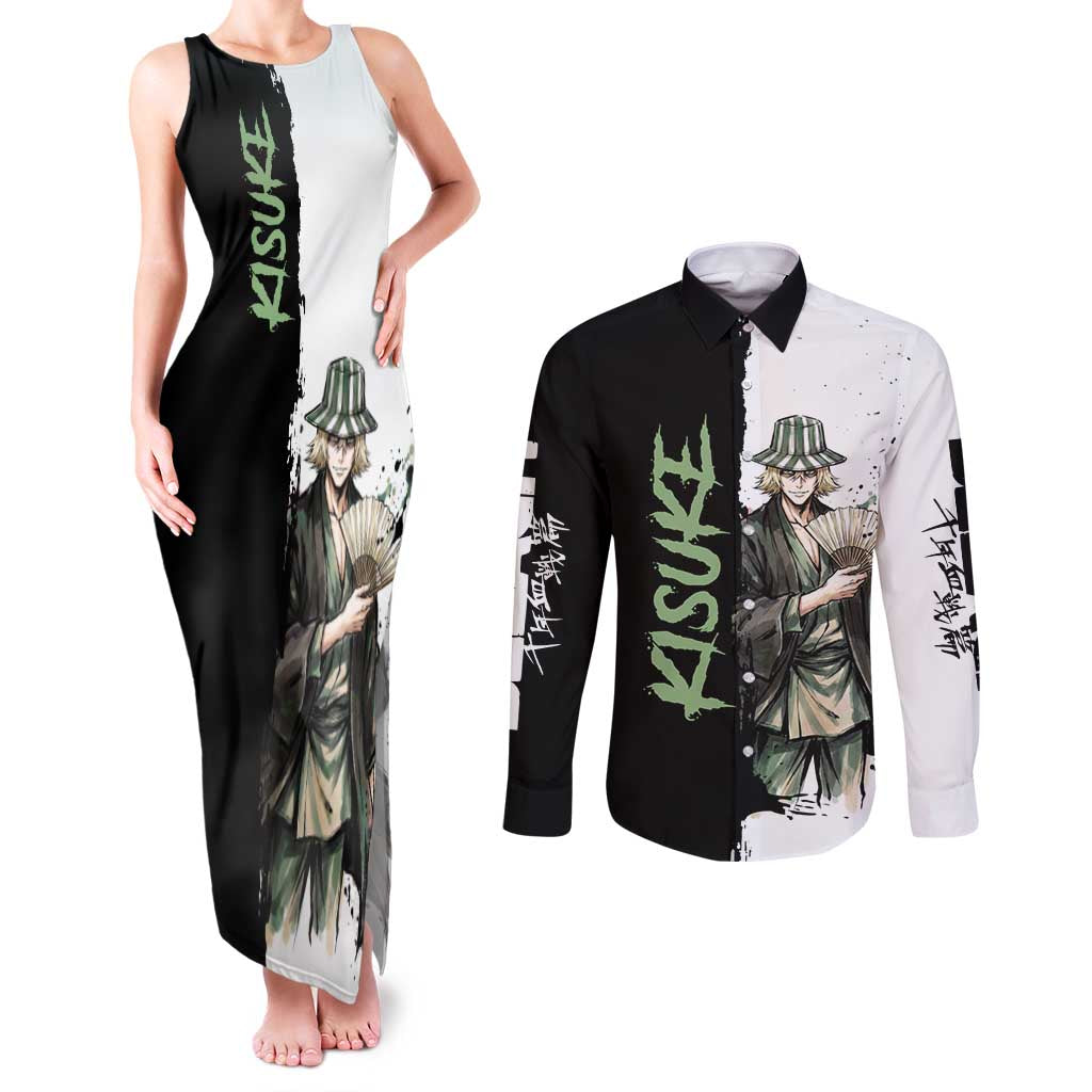 Personalized Kisuke Urahara Couples Matching Tank Maxi Dress and Long Sleeve Button Shirt Ink Splash Anime Brush Style