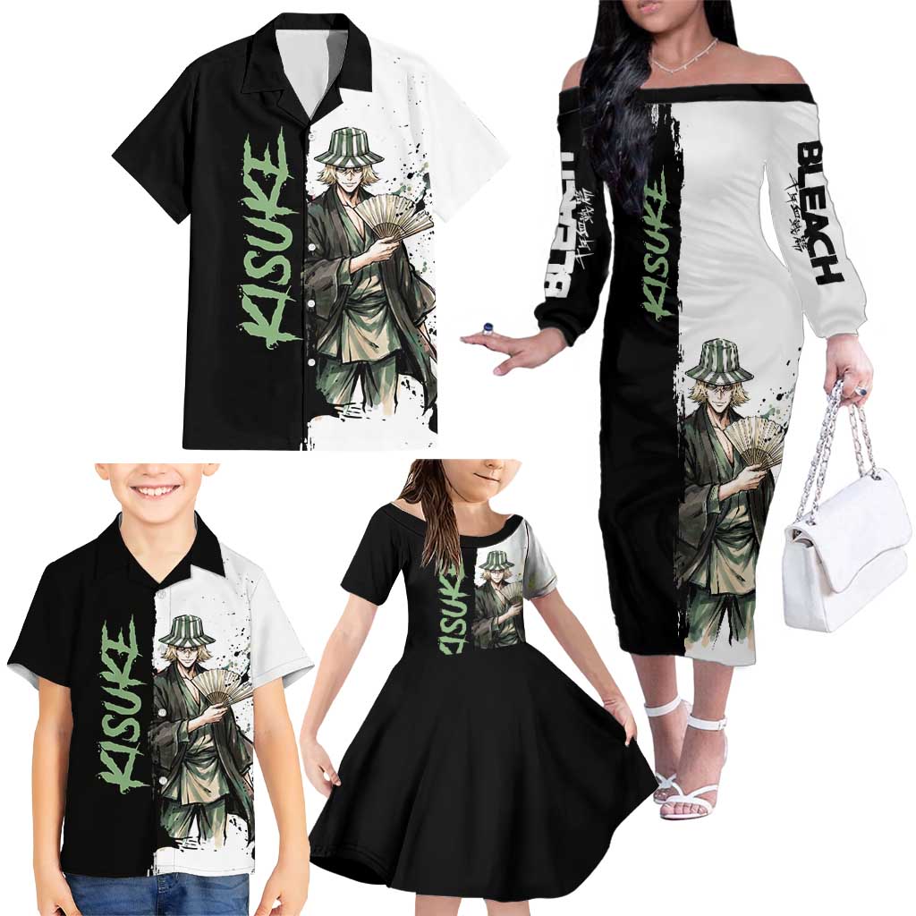 Personalized Kisuke Urahara Family Matching Off The Shoulder Long Sleeve Dress and Hawaiian Shirt Ink Splash Anime Brush Style