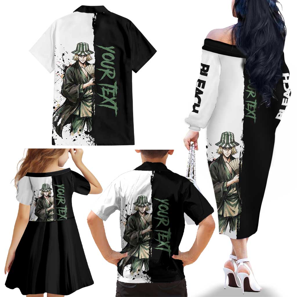 Personalized Kisuke Urahara Family Matching Off The Shoulder Long Sleeve Dress and Hawaiian Shirt Ink Splash Anime Brush Style