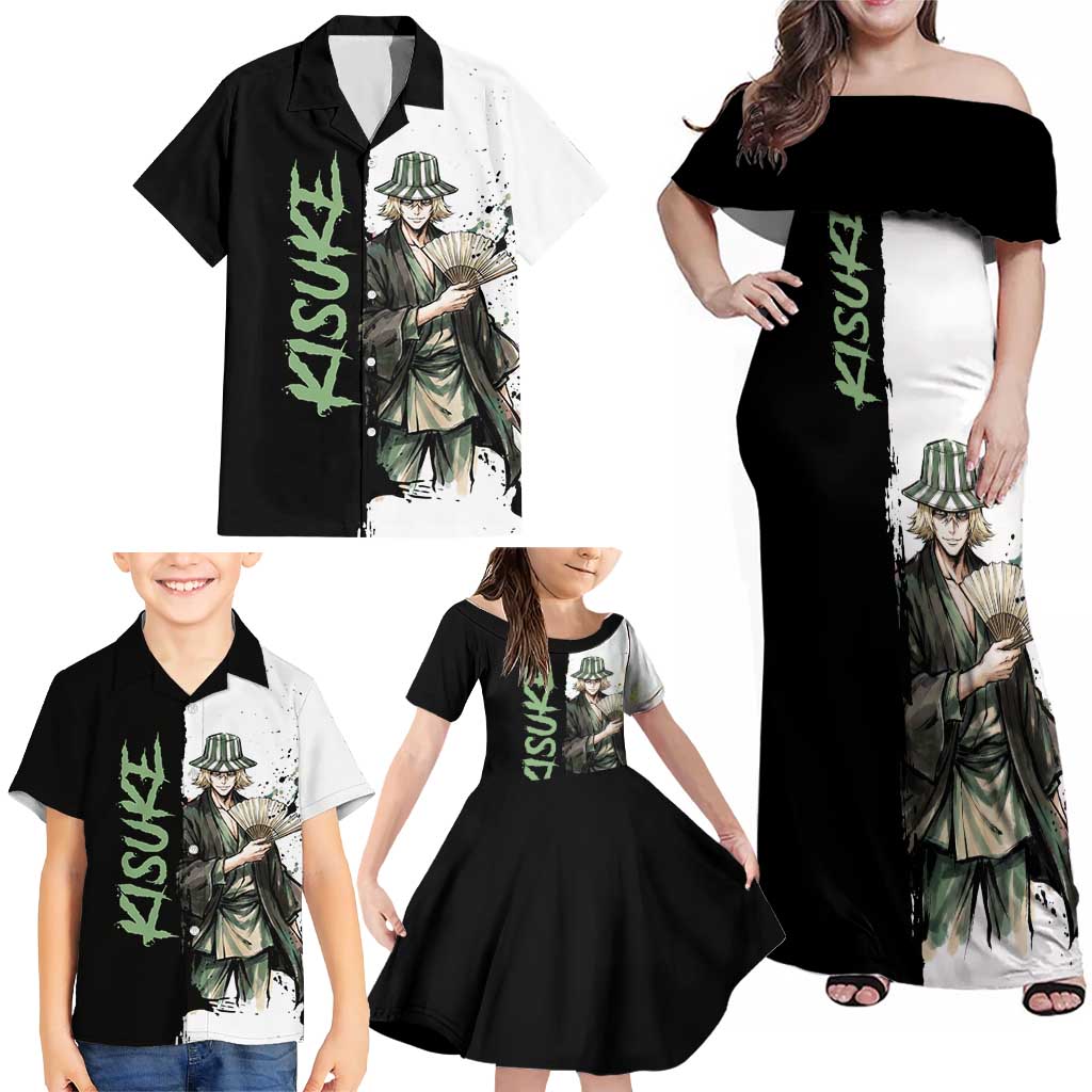 Personalized Kisuke Urahara Family Matching Off Shoulder Maxi Dress and Hawaiian Shirt Ink Splash Anime Brush Style