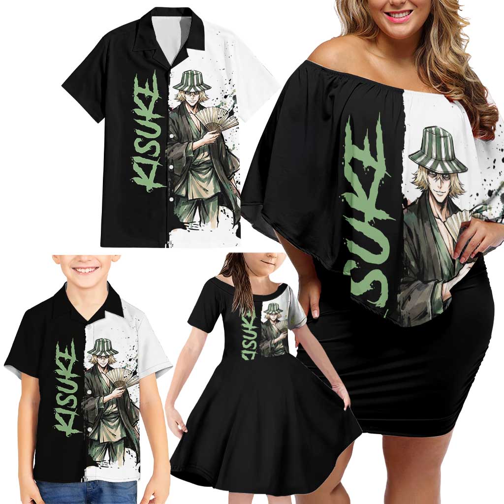 Personalized Kisuke Urahara Family Matching Off Shoulder Short Dress and Hawaiian Shirt Ink Splash Anime Brush Style