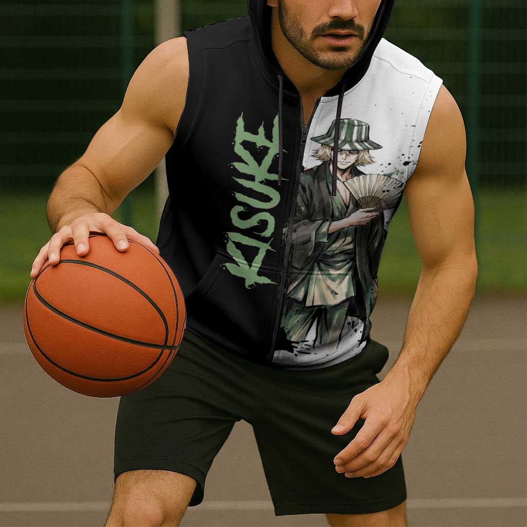 Personalized Kisuke Urahara Sleeveless Zip Hoodie Ink Splash Anime Brush Style