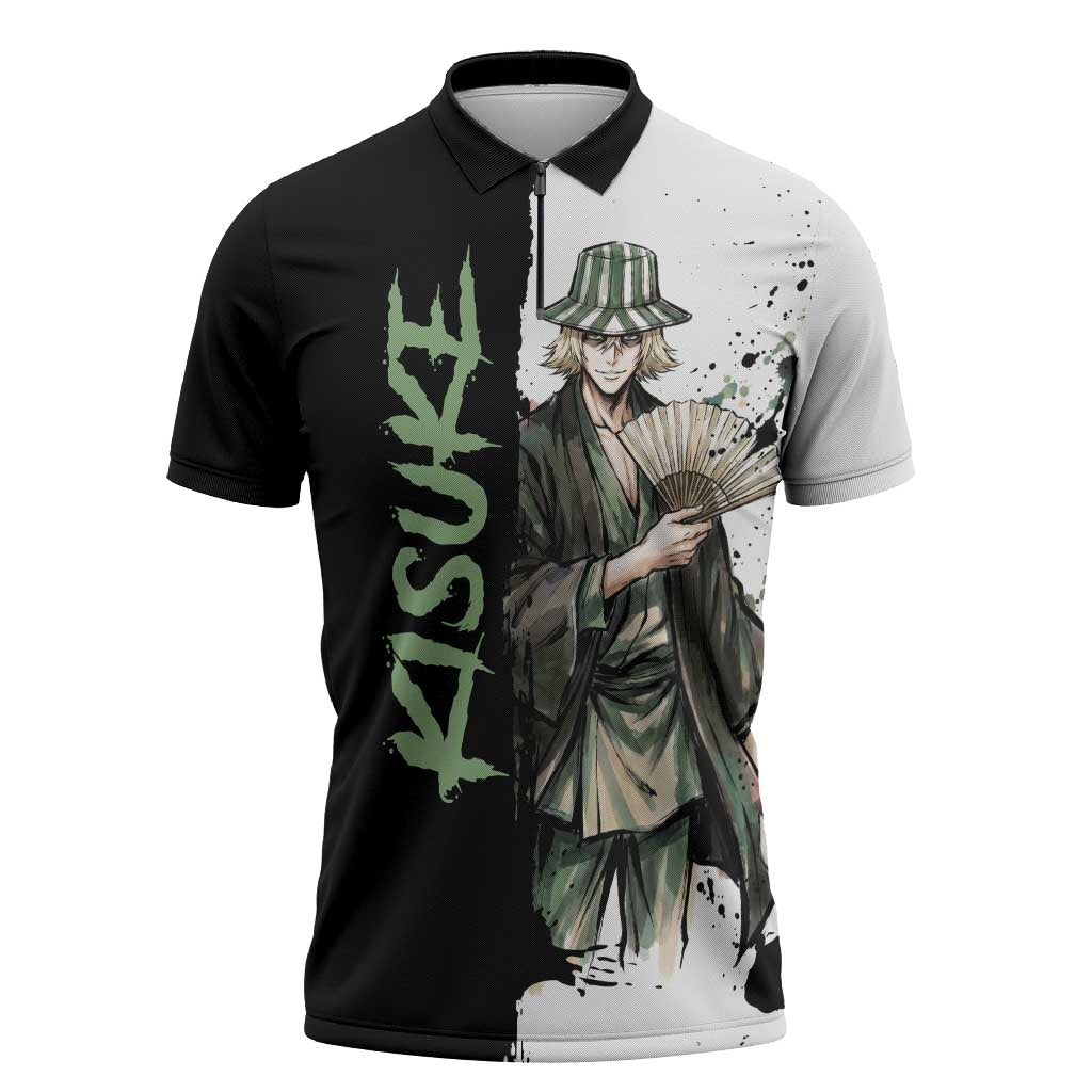 Personalized Kisuke Urahara Zipper Polo Shirt Ink Splash Anime Brush Style