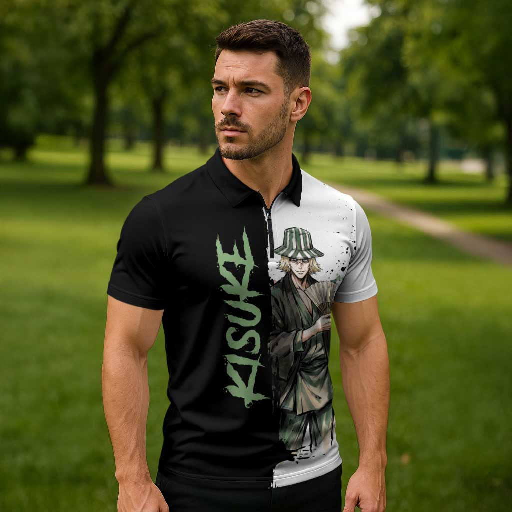 Personalized Kisuke Urahara Zipper Polo Shirt Ink Splash Anime Brush Style