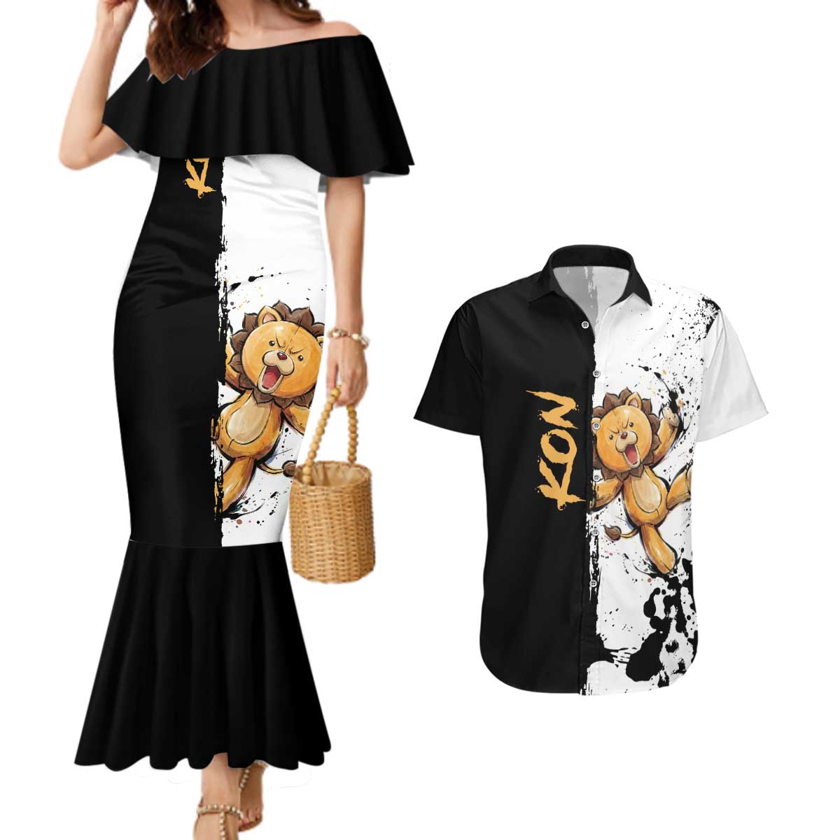 Personalized Kon Couples Matching Mermaid Dress and Hawaiian Shirt Ink Splash Anime Brush Style
