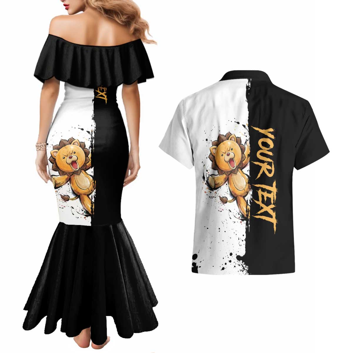 Personalized Kon Couples Matching Mermaid Dress and Hawaiian Shirt Ink Splash Anime Brush Style