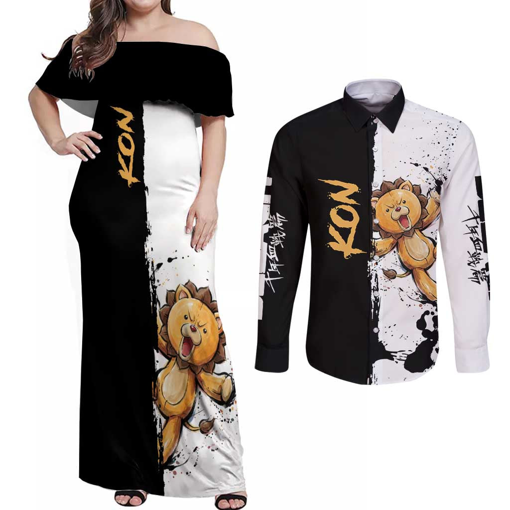 Personalized Kon Couples Matching Off Shoulder Maxi Dress and Long Sleeve Button Shirt Ink Splash Anime Brush Style