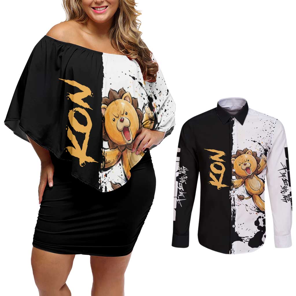Personalized Kon Couples Matching Off Shoulder Short Dress and Long Sleeve Button Shirt Ink Splash Anime Brush Style