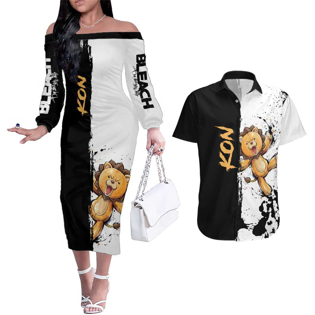 Personalized Kon Couples Matching Off The Shoulder Long Sleeve Dress and Hawaiian Shirt Ink Splash Anime Brush Style