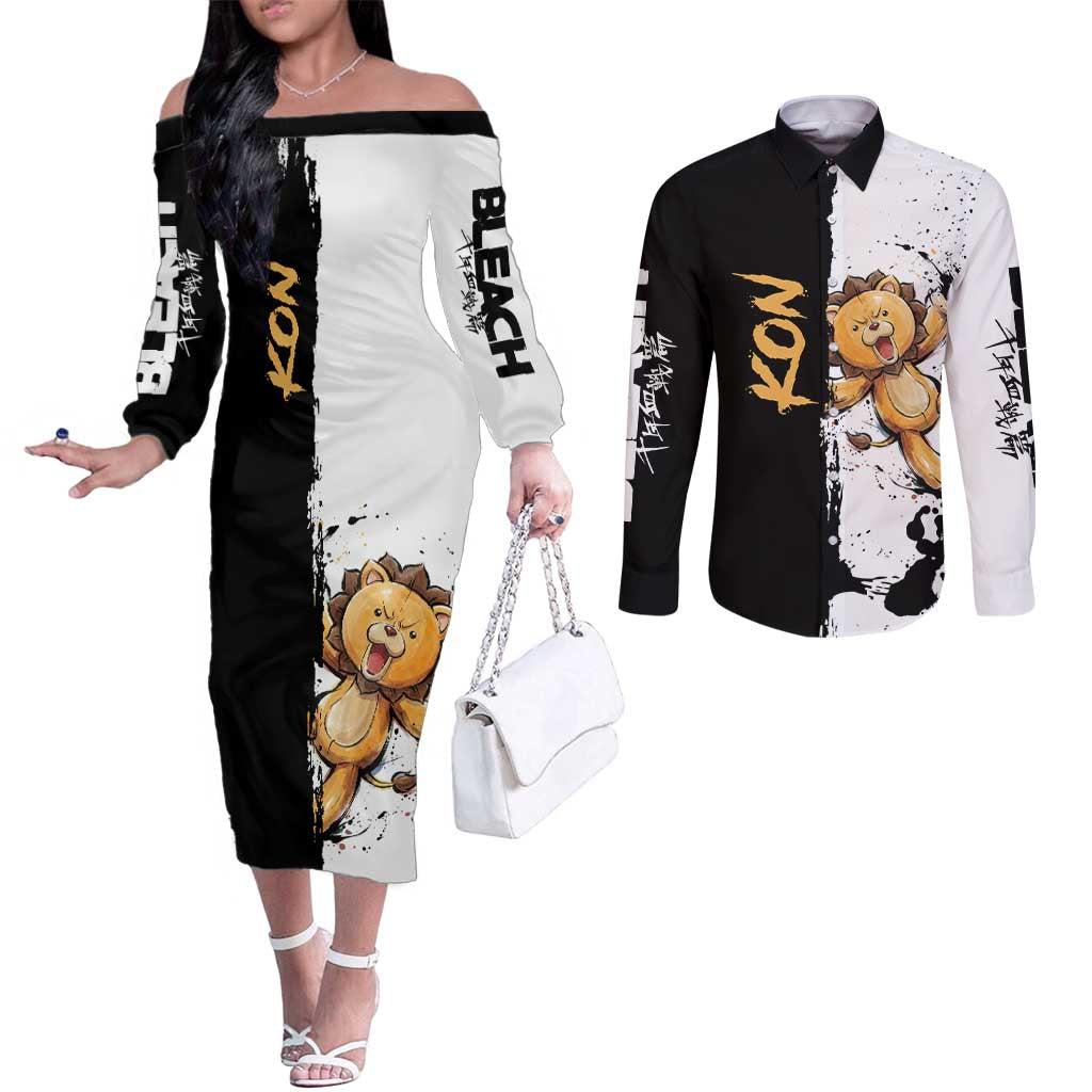 Personalized Kon Couples Matching Off The Shoulder Long Sleeve Dress and Long Sleeve Button Shirt Ink Splash Anime Brush Style