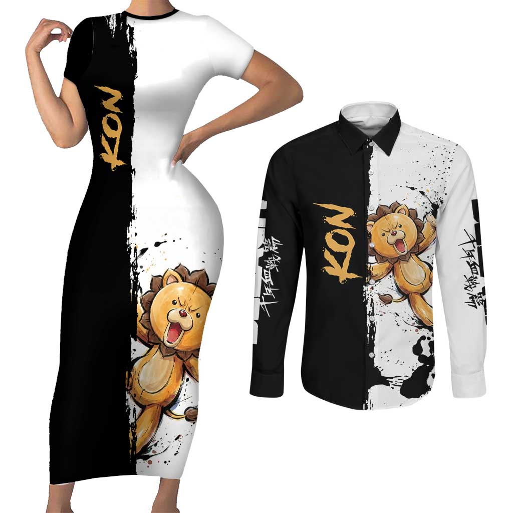 Personalized Kon Couples Matching Short Sleeve Bodycon Dress and Long Sleeve Button Shirt Ink Splash Anime Brush Style