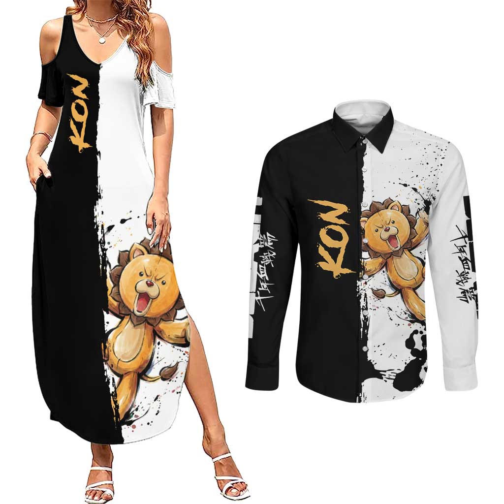 Personalized Kon Couples Matching Summer Maxi Dress and Long Sleeve Button Shirt Ink Splash Anime Brush Style