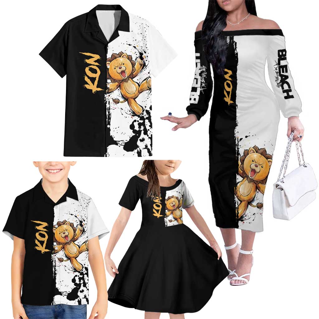 Personalized Kon Family Matching Off The Shoulder Long Sleeve Dress and Hawaiian Shirt Ink Splash Anime Brush Style