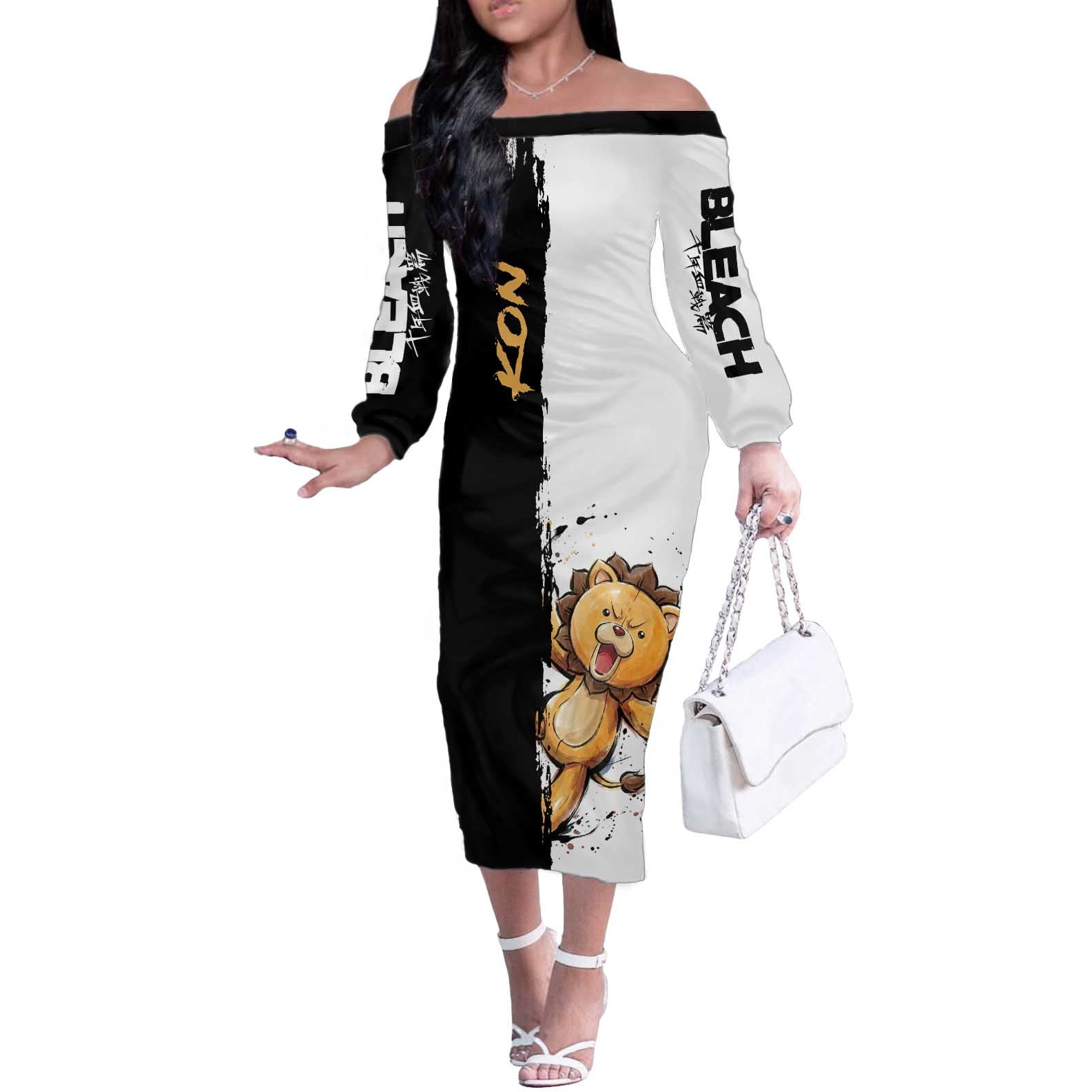 Personalized Kon Off The Shoulder Long Sleeve Dress Ink Splash Anime Brush Style