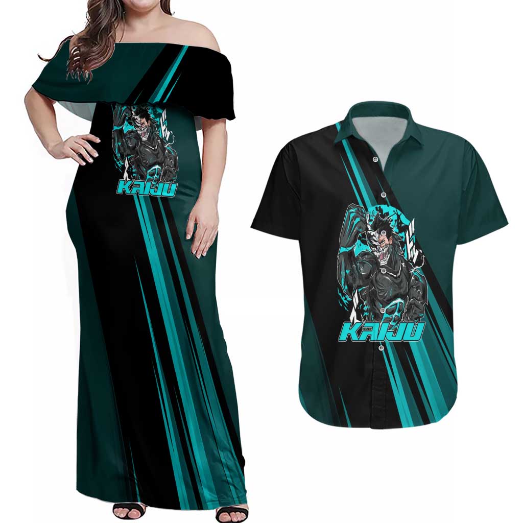 Kaiju No. 8 Monster Form Couples Matching Off Shoulder Maxi Dress and Hawaiian Shirt Neon Manga Combat Style