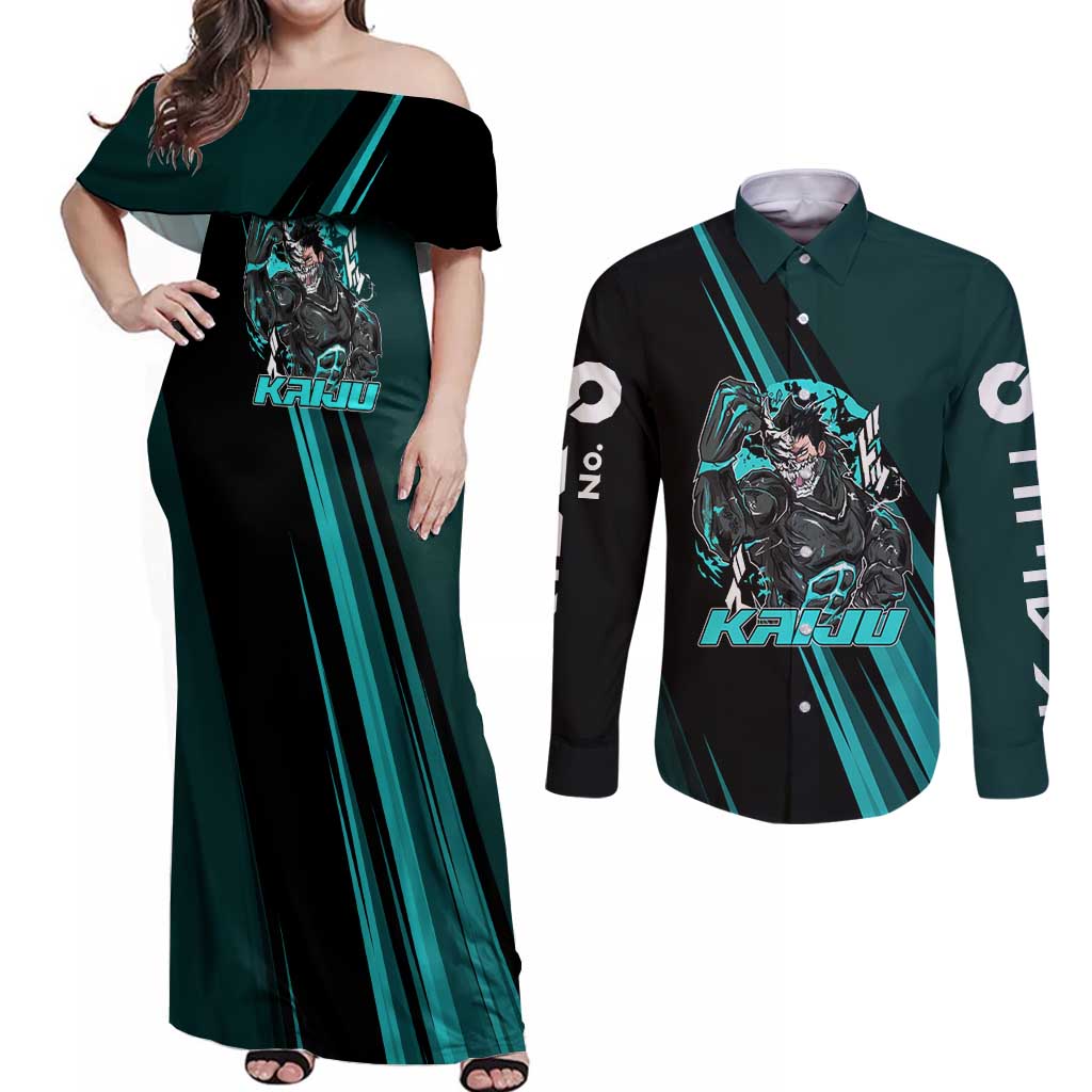 Kaiju No. 8 Monster Form Couples Matching Off Shoulder Maxi Dress and Long Sleeve Button Shirt Neon Manga Combat Style