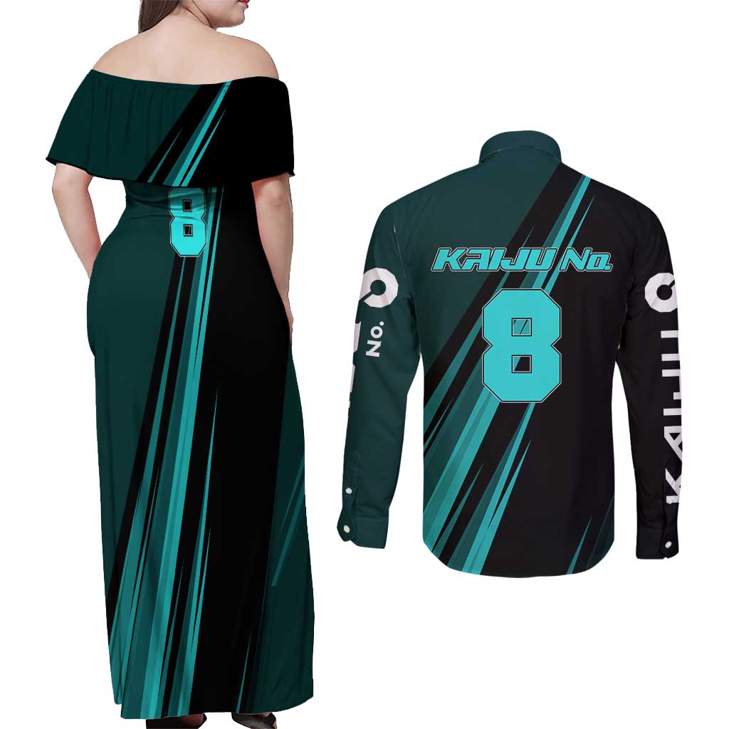 Kaiju No. 8 Monster Form Couples Matching Off Shoulder Maxi Dress and Long Sleeve Button Shirt Neon Manga Combat Style