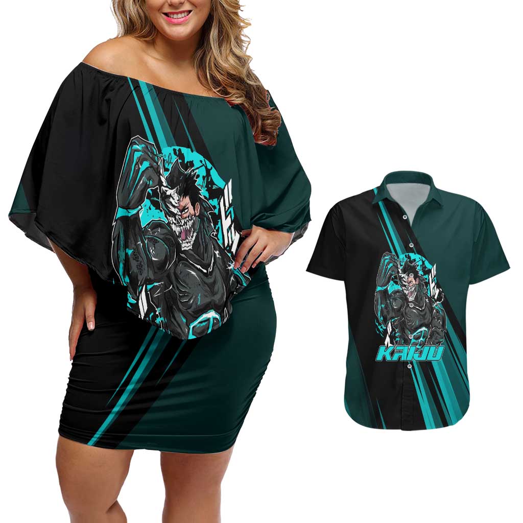 Kaiju No. 8 Monster Form Couples Matching Off Shoulder Short Dress and Hawaiian Shirt Neon Manga Combat Style